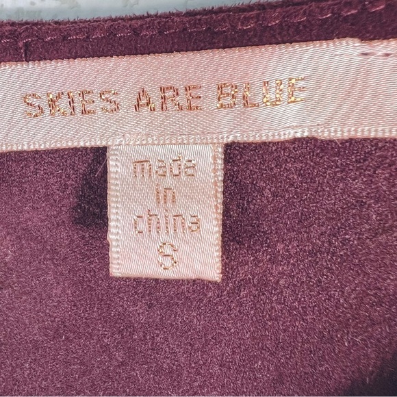 Skies Are Blue Fringe Top Short Sleeve Faux Suede Burgundy Small - Picture 5 of 5